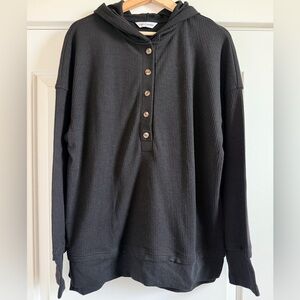 Black Button-Up Ribbed Hoodie Sweatshirt